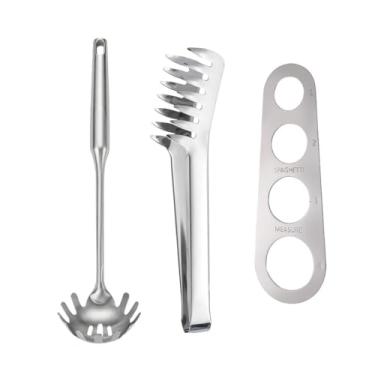 Imagem de Conjunto de 3 peças de espaguete prata, colher de macarrão de aço inoxidável de 35 cm com dentes e pinça de macarrão de 23 cm, ferramenta de medida de espaguete de aço inoxidável de 4 furos. Para