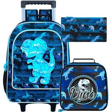 Imagem de gxtvo Mochila com rodinhas para meninos, mochila com rodas - bolsa de escola primária com rodas - 3 peças azul dinossauro
