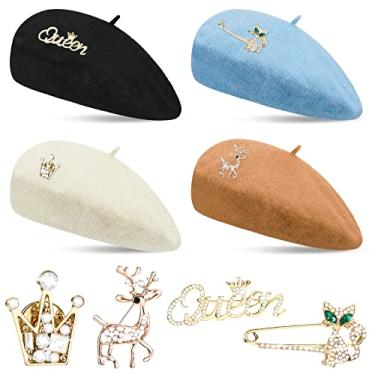 Imagem de BBTO 8 peças de boina de lã conjuntos de broche de cristal gorro francês chapéu de inverno cor sólida broche de strass pinos para mulheres (cor elegante, 8 peças), Cor elegante, M-G