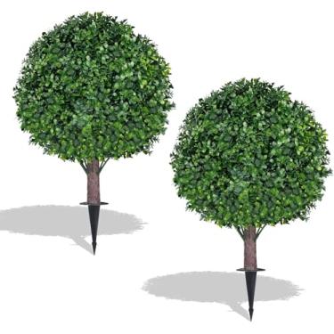 Imagem de Conjunto de 2 árvores de bola de topiária de buxo artificial, arbustos falsos com espiga no solo, árvore perene falsa para varanda, plantas artificiais resistentes a UV para plantadores externos em