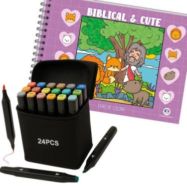 Imagem de KIT Livro Biblical e Cute Capa Dura Colorir e 24 Canetas Touch Pontas 