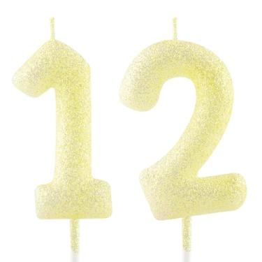 Imagem de Vela de aniversário de 12 anos ouro amarelo glitter número 12 velas luminosas decoração topo de bolo vela feliz aniversário para meninas meninos mulheres aniversário celebrações suprimentos de festa