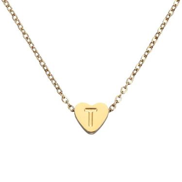 Imagem de PATIKIL Colar de coração com inicial para mulheres, banhado a ouro 18K, corrente de aço inoxidável delicada, nome personalizado, letra T, colares com pingente para mulheres, joias, presentes, tom