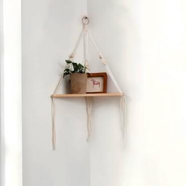 Imagem de Prateleiras flutuantes de macramê de canto de 1 camada: prateleira de parede feita à mão de corda e madeira, decoração de pendurar boho para quarto, banheiro, sala de estar, fácil instalação