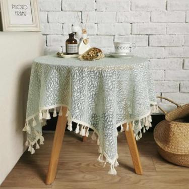 Imagem de Wuluwala Toalha de mesa rústica verde sálvia com textura de folha de borla bordada de renda vazada decorativa para festa de jantar na cozinha 140 cm x 140 cm