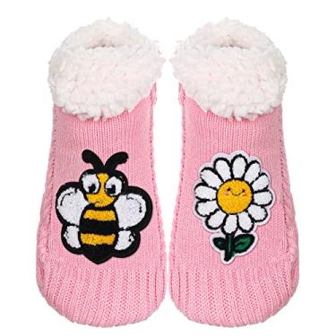 Imagem de ZYZX Meias fofas felpudas para o inverno, quentes, divertidas, de malha, antiderrapante, com aderência, forradas com lã, meias fofas, para mulheres, presentes, Flor de abelha, One Size