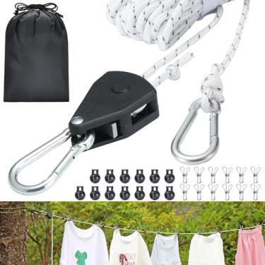 Imagem de Varal de viagem retrátil, linha resistente ajustável de 4,8 m com sistema de polia refletiva, ganchos e clipes inoxidáveis – Portátil para acampamento, cruzeiro, hotel, varanda e lavanderia ao ar