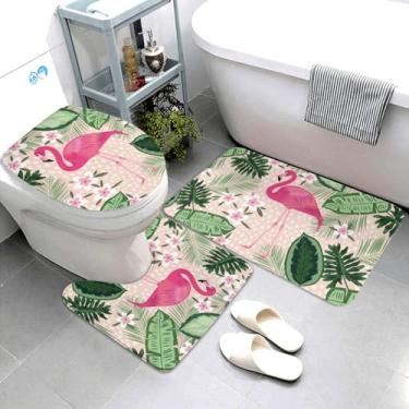 Imagem de Jbofyee Conjunto de 3 peças de tapetes de banheiro com folhas de palmeira flamingo, tapete de banheiro + tapete de contorno + capa de assento de vaso sanitário, tapete de microfibra macia