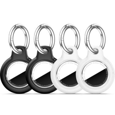 Imagem de Pacote com 4 porta-Airtags à prova d'água com chaveiro Apple AirTag, capa rígida para PC AirTag, suporte antiarranhões e choques, chaveiros e chaveiros masculinos femininos - preto + branco + vermelho