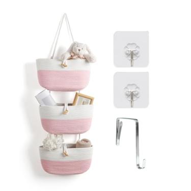 Imagem de ANTIS'S HOME Organizador de pendurar sobre a porta, cesta organizadora de 3 camadas de algodão montado na parede para berçário, cestas decorativas para berçário para sala de estar e quarto - rosa