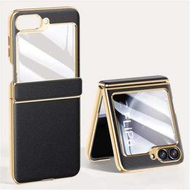 Imagem de Capa de telefone com dobradiça de couro, capa dura para samsung galaxy z flip 6 5 flip6 flip5 5g, preta, para galaxy z flip6