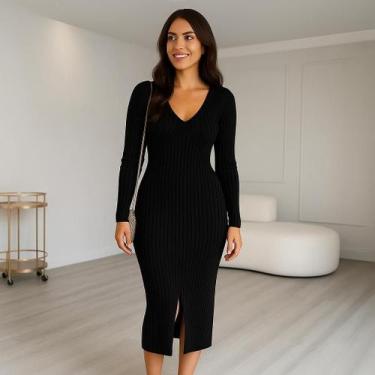 Imagem de Vestido Tricô Canelado Feminino Midi com Fenda Moderna - Vitrine Outle