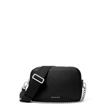 Imagem de Michael Kors Bryant Bolsa transversal média com zíper duplo para câmera, Ferragens prateadas/couro em relevo em seixo/preto, One Size