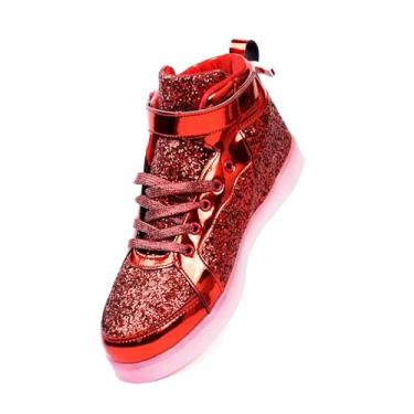 Imagem de PYYIQI Tênis de LED com glitter, cano alto, feminino, masculino, piscando, para festa de Natal, Halloween, com carregamento USB, Vermelho, 12 Women/11 Men