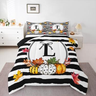 Imagem de Erosebridal Conjunto de edredom com laço alfabético preto, branco, geométrico, colheita de outono, abóbora, letra G, tamanho solteiro, para crianças, adolescentes e adultos, colcha de folha de bordo