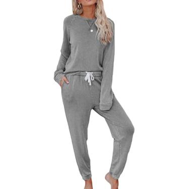 Imagem de Pijamas Femininos Conjunto De Pijama Longo Conjunto De Pijama De Inverno Com Terno De Casa Bündchen Roupa De Dormir De Duas Partes Roupa De Dormir Loungewear Top De Manga Comprida E, Grey, XXL