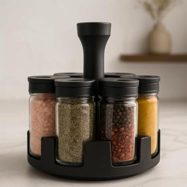 Imagem de Porta Temperos Giratório 360° com 6 Potes de Vidro – Tampa Dosadora Preta – Linha Premium