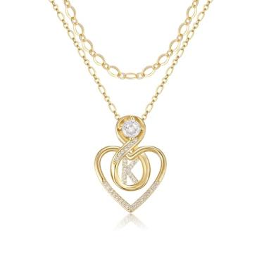 Imagem de TANTIUE Colares femininos com letras de coração banhado a ouro 14 K, zircônia cúbica, coração com inicial em camadas, pingente infinito para sua letra A - Z, joia feminina, adjustable, Latão, Zircônia