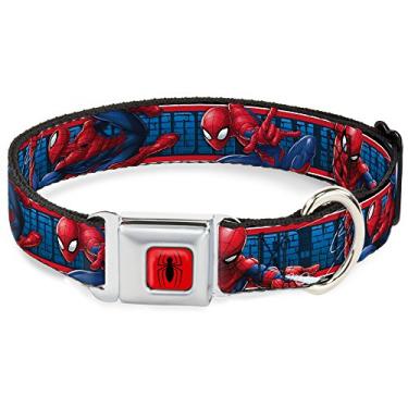 Imagem de Buckle-Down Coleira para cachorro fivela de cinto de segurança Homem-Aranha 3 poses de ação tijolos listrados, azul, vermelho, branco, 38 a 66 cm de largura