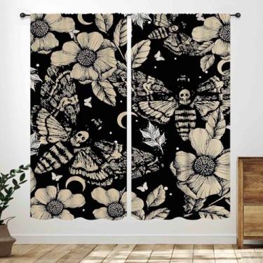Imagem de Cortinas de caveira gótica, lua misteriosa, borboleta, flores negras, plantas, bruxa, gótico, crânio misterioso, tratamento de janelas para quarto, sala de estar, banheiro, 2 painéis, 106 x 113 cm