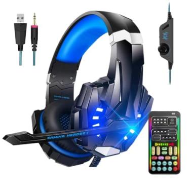 Imagem de sktome Fone de ouvido com microfone para jogos, com luz LED e controle de volume, redução de ruído, fone de ouvido para jogos para PS4/PS5/Xbox One/PC/telefone/laptops (azul)
