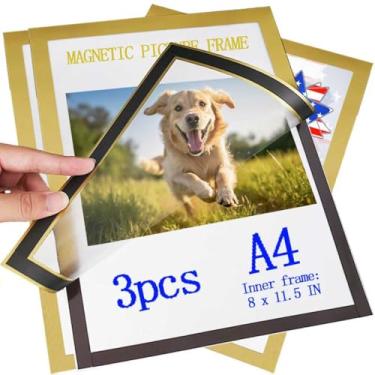 Imagem de AncBace Moldura magnética para fotos, bolso para foto, moldura dupla face, pôster, obras de arte, agendas, moldura de exibição para escritório, escola, parede, porta, janela, geladeira (dourado)