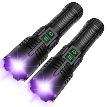 Imagem de Lanterna UV e de alto lúmens, recarregável, 2 em 1, potente lanterna de LED com luz negra, tática, 6 modos, superbrilhante, à prova d'água, com zoom, detector para emergências de acampamento de resina