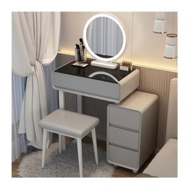 Imagem de Escrivaninha de penteadeira Mesa de maquiagem com espelho luz, 4 gavetas, mesa moderna para meninas e mulheres armário armazenamento, conjunto penteadeira para quarto, cinza/branco(Gray)