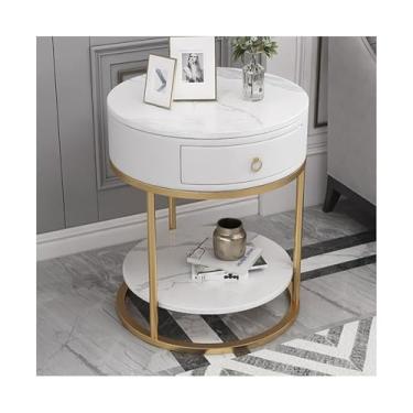 Imagem de Mesa de centro de design simples, mesa lateral redonda com gaveta e prateleira de armazenamento, mesa de cabeceira moderna para quarto, sala de estar, sofá, hall, mesa lateral minimalista de fácil