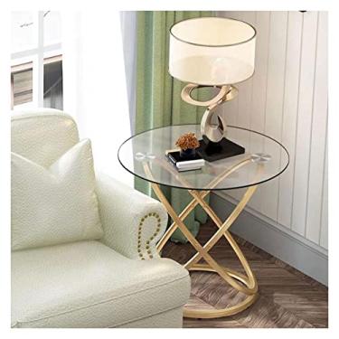 Imagem de Mesa de centro de design simples, mesa lateral redonda, mesa de canto de vidro com moldura de metal, pequena mesa de centro com estilo moderno para espaços pequenos, sala de estar, varanda, mesa