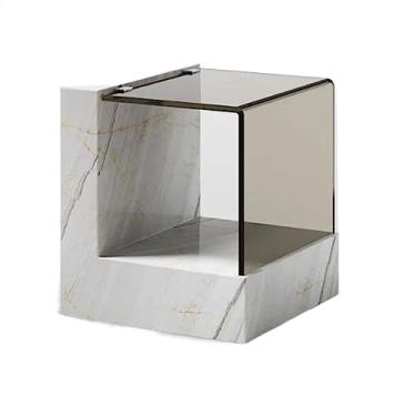 Imagem de Mesa de centro de design simples, mesa lateral de mármore natural com mesa de vidro temperado, mesa de canto quadrada de 2 camadas com prateleira de armazenamento, mesa de centro resistente, mesa de