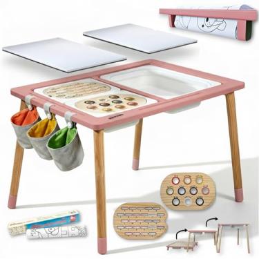 Imagem de Twinkle Little Toes Mesa sensorial para crianças, 1 suporte de rolo de papel, 3 caixas de armazenamento, 3 sacos de pano de armazenamento, 2 inserções de madeira, 2 quadros brancos, 2 quadro-negro, 1