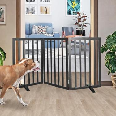 Imagem de SFJC Portão interno para cães, cerca independente para casa, portas, corredores ou escadas, portão para animais de estimação dobrável de madeira, expansível 81 cm de altura, 3 painéis, preto