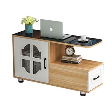 Imagem de Mesa de centro de design simples, mesa lateral, sala de estar, mesa de canto estreita com gaveta e prateleira, mesa de canto de sofá de 2 camadas para espaço pequeno, armário de armazenamento para