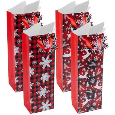 Imagem de RACHELLE'S Sacos de vinho xadrez de Natal – 35,56 x 12,7 x 10,2 cm (pacote com 4) – Sacos de presente de papel resistente com papel de seda, etiqueta e alça - Perfeito para presentes de Natal e