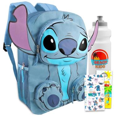 Imagem de Mochila Escolar Infantil Stitch 5L com Bolsos Frontais, Garrafa de Água e Figurinhas para Crianças, Lilo and Stitch, Azul