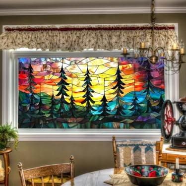 Imagem de HOMETITUTE Película para janela de vitral floresta, pôr do sol, pinheiros, montanhas, adesivos, privacidade, janela, adesivos para casa, sala de estar, quarto, escritório, 100 x 44 cm