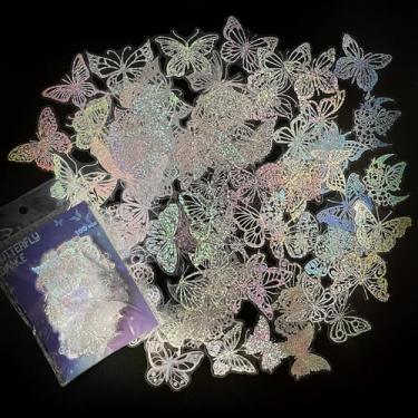 Imagem de 100 peças adesivos holográficos de borboleta com glitter borboleta à prova d'água decalques decorativos transparentes adesivos de PET para scrapbooking bullet journal planejador diário garrafas de