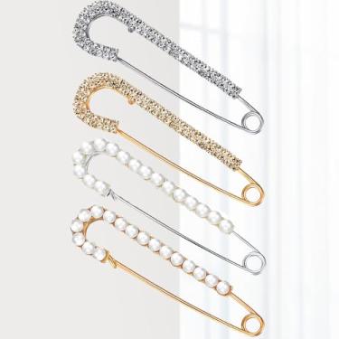 Imagem de Pacote com 4 broches de ouro e prata, clipes de suéter de pérolas de cristal falso, alfinetes de segurança decorativos para vestido de xaile, Standard, Liga de aço, Sem Pedra Preciosa