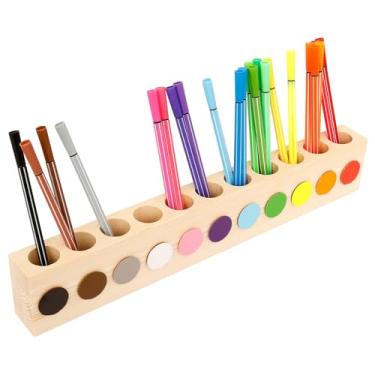 Imagem de Tcwhniev Porta-lápis de madeira com 11 furos redondos, 41 x 7 x 4 cm, suporte de caneta com design de canto arredondado, organizador de canetas criativo para crianças, mesa, escritório, casa, material