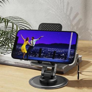 Imagem de Suporte giratório de telefone 360 para mesa, suporte giratório de tablet para iPad, suporte de telefone de mesa dobrável de alumínio duplo ajustável, acessórios de escritório em casa com vários