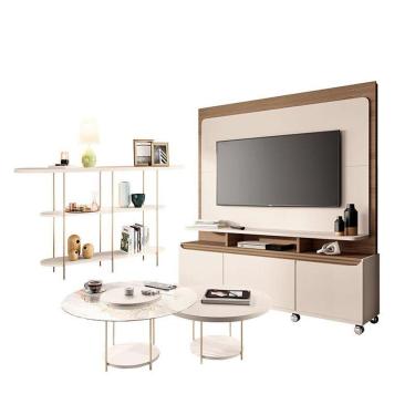 Imagem de Estante Home Theater Quantum Off White Castanho E Aparador Infinity E Kit Mesa De Centro Sky Off White - Hb Móveis