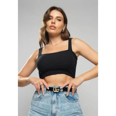 Imagem de Kit 3 Croppeds Top Faixa Comfy Malha Canelada Preto, Telha e Verde Sal