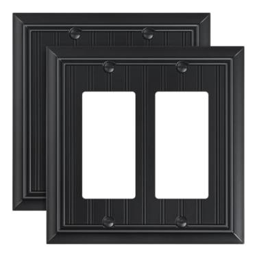 Imagem de Pacote com 2 placas decorativas clássicas de parede de fibra de bambu natural preto fosco durável para tomadas elétricas, receptáculos, tomadas GFCI, interruptor regulador, 2 gangs
