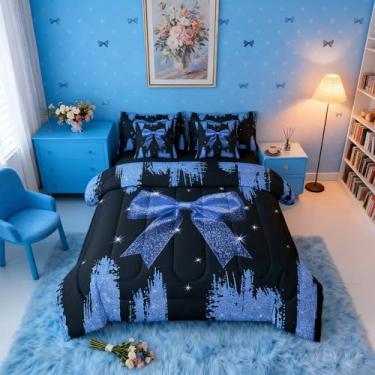 Imagem de Jogo de cama de casal com laço kawaii, 7 peças, azul escuro, com laço e nó de laço, lantejoulas brilhantes, conjunto de lençol e lençol com laço, céu estrelado com glitter, quarto