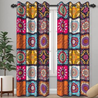 Imagem de Kzzfqxb Cortinas coloridas de janela com estampa mandala, estampa geométrica floral boho, lavável à máquina, cortinas pretas estampadas para sala de estar, 2 painéis, cada L 53 x C 119 cm