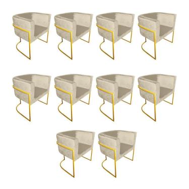 Imagem de Kit 10 Poltronas Decorativa Sala De Estar Base De Ferro Dourada Veludo Bege