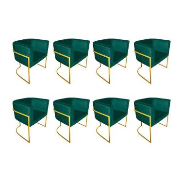 Imagem de Kit 8 Poltronas Decorativa Sala De Estar Base De Ferro Dourada Veludo Verde