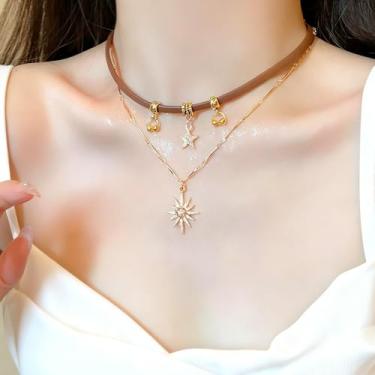 Imagem de Conjunto de colar de camada dupla com estrela e lua celestial para mulheres, gargantilha em camadas, colar com pingente de corrente longa para esposa, 2 peças, MIX, Liga de aço, Sem Pedra Preciosa
