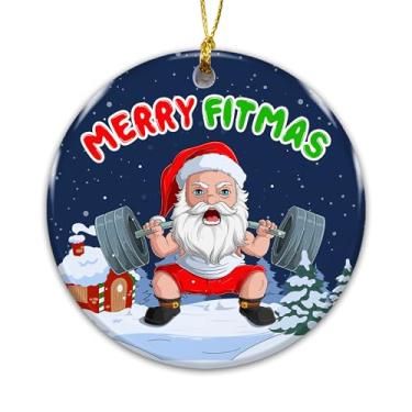 Imagem de Enfeite de Natal para academia 2025, enfeite de Feliz Fitmas – Papai Noel musculoso levantando pesos, presente de fitness para fisiculturistas, treinadores, levantadores de peso e amantes de academia